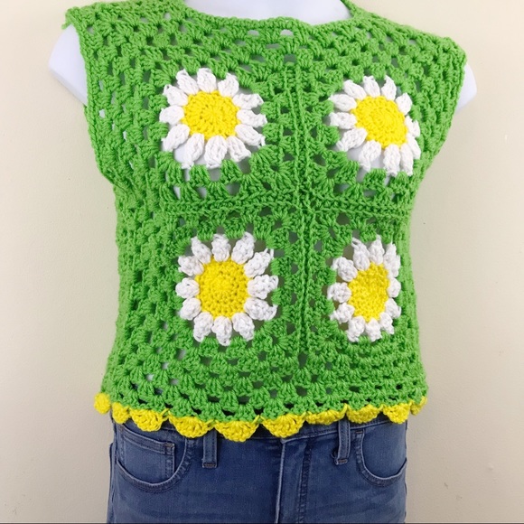 Vintage Crochet Granny Square Handknit Flower Cropped Sweater Vest Green S M - Picture 5 of 9